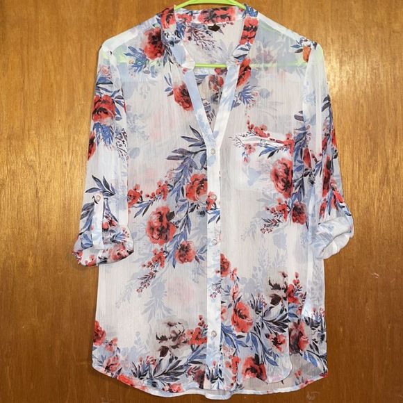 •KUT FROM THE KLOTH•WHITE SHEER FLORAL BUTTON UP CONVERTIBLE SLEEVE BLOUSE MED. - Picture 7 of 10